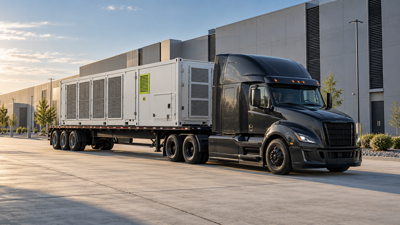 Semi-truck transporting a containerized battery outside a data center
